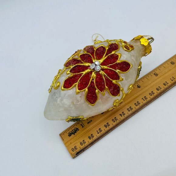 4 Embellished Frosted Glass Christmas Ornaments Elongated Poinsettia Holly Gold - Picture 8 of 11